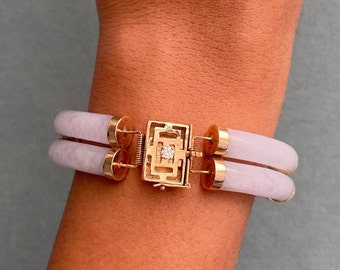 Vintage Lavender Jade Double Link Bracelet with 14 K Gold Hinges, 14K Gold Clasp with one Diamond