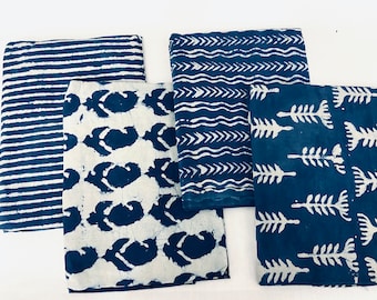 Indigo Block Print Fat Quarter Fabric Bundle, Dabu Cotton Fabric,  Blue Fabric Bundle, Indian Fabric Bundle