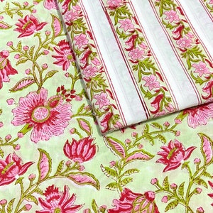 Pink Striped Cotton Fabric, Hand Block Print, Green Flower, Lightweight, Summer Sewing Quilting Crafting, 44 Inch Wide, Sold by Half Yard image 5