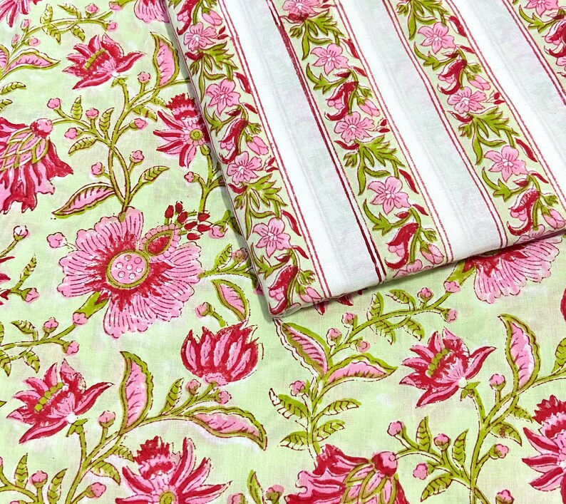 Pink Striped Cotton Fabric, Hand Block Print, Green Flower, Lightweight, Summer Sewing Quilting Crafting, 44 Inch Wide, Sold by Half Yard image 5