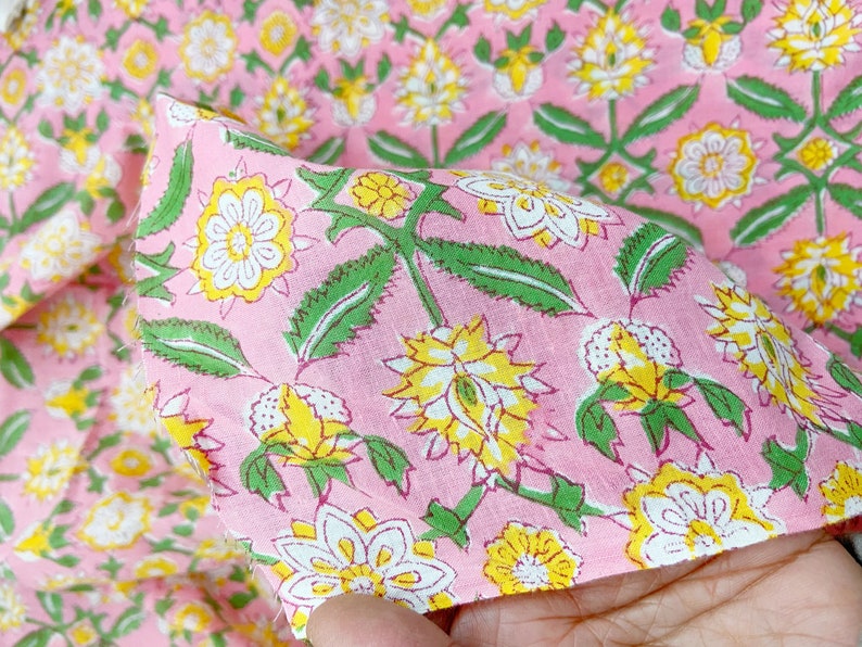 Pink Floral Print Indian Block Print Cotton Fabric, Sewing Quilting Crafting Fabric, 44 Inch Wide, Sold by Half Yard image 5