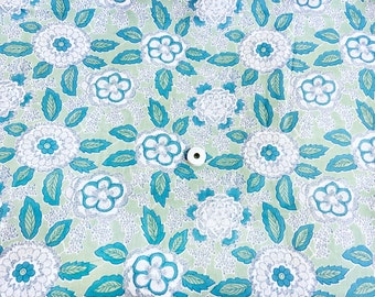 Mint Green Floral Block Print Cotton Fabric: 44 Inch Wide, Sold by Half Yard