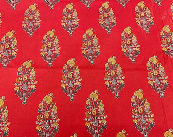 Red Floral Indian block print cotton fabric, Mughal print fabric, Paisley Cotton Fabric, 44 inch wide, sold by half yard