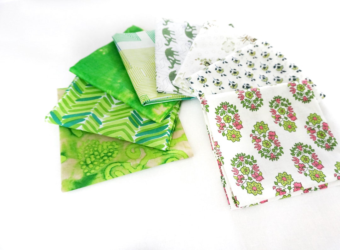 Green Fat Quarter Fabric Bundle, Indian Fabrics Scraps, Kantha Quilt