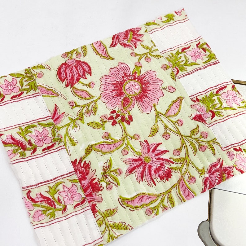 Pink Striped Cotton Fabric, Hand Block Print, Green Flower, Lightweight, Summer Sewing Quilting Crafting, 44 Inch Wide, Sold by Half Yard image 7