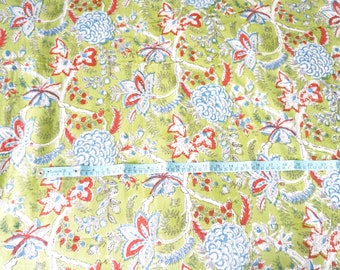 Green Floral Hand Block Print Cotton Fabric, Cotton Dress Materials, Lightweight Cotton,  44 Inch Wide, Sold by Half Yard