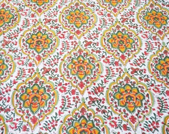 Multi Color Floral Hand Block Print Indian Cotton Fabric for Dress Making, Sewing Quilting Crafting Fabric, 44 Inch Wide, Sold by Half Yard