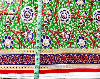 Green Floral Cotton Fabric With Border, Screen Print, Medium Opacity, 44 Inches Wide, Sold by Half Yard