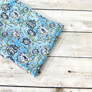 Blue floral block print cotton fabric for dressmaking, sewing, quilting crafting, 44 inches wide, sold by half yard