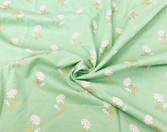 Pistachio Green Floral Indian Cotton Fabrics with Gold Print  44 Inches Wide, Sold by Half Yard