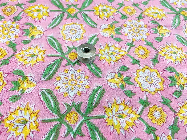 Pink Floral Print Indian Block Print Cotton Fabric, Sewing Quilting Crafting Fabric, 44 Inch Wide, Sold by Half Yard image 9