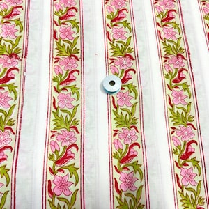 Pink Striped Cotton Fabric, Hand Block Print, Green Flower, Lightweight, Summer Sewing Quilting Crafting, 44 Inch Wide, Sold by Half Yard image 1