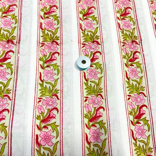 Pink Striped Cotton Fabric, Hand Block Print, Green Flower, Lightweight, Summer Sewing Quilting Crafting, 44 Inch Wide, Sold by Half Yard