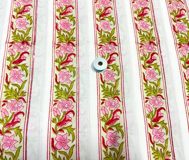 Pink Striped Cotton Fabric, Hand Block Print, Green Flower, Lightweight, Summer Sewing Quilting Crafting, 44 Inch Wide, Sold by Half Yard image 1