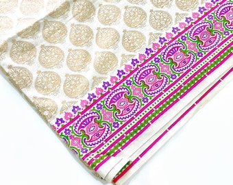 Gold Print Cotton Fabric with Pink Border, Mughal Pattern, Cream Cotton, 44 Inches Wide, Sold by Half Yard