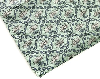 Teal Green Block Print Indian Fabrics,  Lotus Floral Cotton Fabric,   44 Inches Wide, Sold by Half Yard