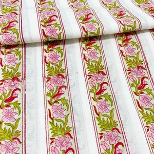 Pink Striped Cotton Fabric, Hand Block Print, Green Flower, Lightweight, Summer Sewing Quilting Crafting, 44 Inch Wide, Sold by Half Yard image 2