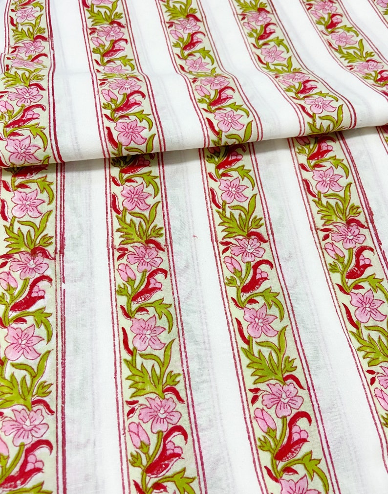 Pink Striped Cotton Fabric, Hand Block Print, Green Flower, Lightweight, Summer Sewing Quilting Crafting, 44 Inch Wide, Sold by Half Yard image 2