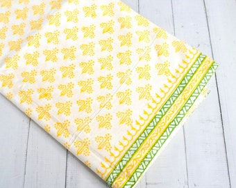 Yellow White Floral Fabric, Hand Block Print Indian Cotton for Dressmaking Sewing Quilting, Small Floral, 44 Inches Wide, Sold by Half Yard