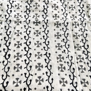 Black and White Hand Block Print Cotton Fabric, Floral Fabric for Dressmaking, Sewing, Quilting, 44 inches wide, sold by half yard