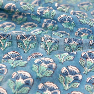 May include: Close-up of a blue fabric with a repeating floral pattern. The flowers are in shades of blue, teal, and white. The fabric has a soft, slightly wrinkled texture, suggesting it is a lightweight material, possibly cotton or linen.