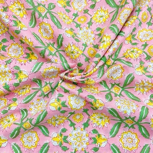 Pink  Floral Print  Indian Block Print Cotton Fabric, Sewing Quilting Crafting Fabric, 44 Inch Wide, Sold by Half Yard