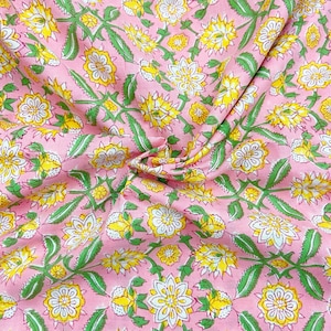 Pink Floral Print Indian Block Print Cotton Fabric, Sewing Quilting Crafting Fabric, 44 Inch Wide, Sold by Half Yard image 3