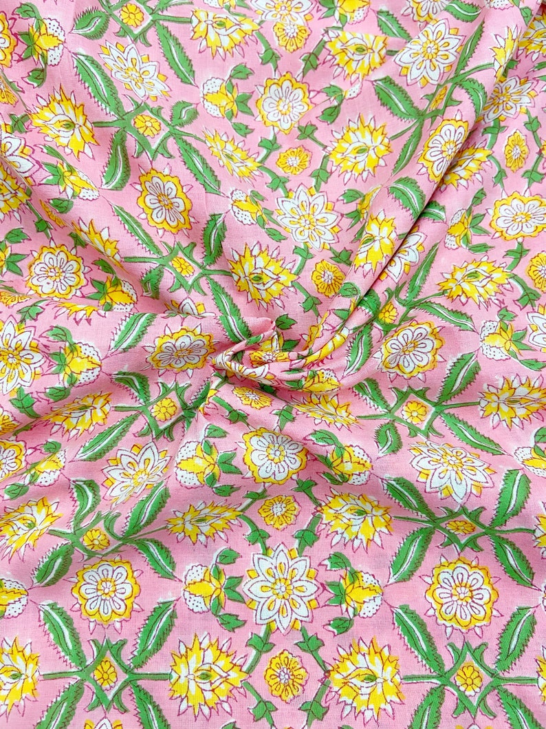 Pink Floral Print Indian Block Print Cotton Fabric, Sewing Quilting Crafting Fabric, 44 Inch Wide, Sold by Half Yard image 3