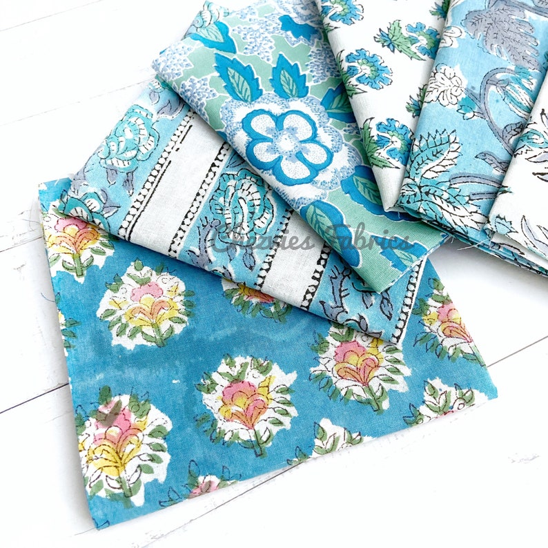 Teal Blue Indian Block Print Fabrics Bundle, Fat Quarter Bundle, Kantha Quilt Fabrics, Set of 6 Blue White Fat Quarters Fabric Set image 2
