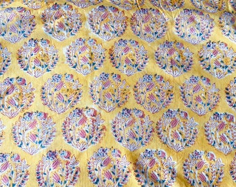 Yellow Paisley Indian Cotton Fabric, Hand Block Print, Lightweight, Summer, 44 Inch Wide, Sold by Half Yard