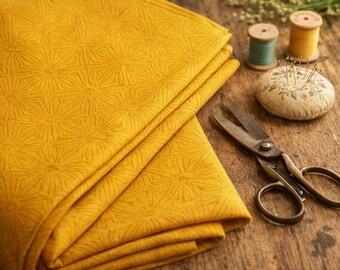 Yellow Mustard Slub Cotton Fabric: Self Printed Floral, 44 Inch Wide