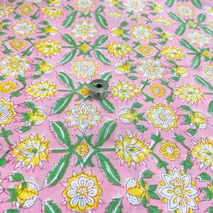Pink Floral Print Indian Block Print Cotton Fabric, Sewing Quilting Crafting Fabric, 44 Inch Wide, Sold by Half Yard image 6