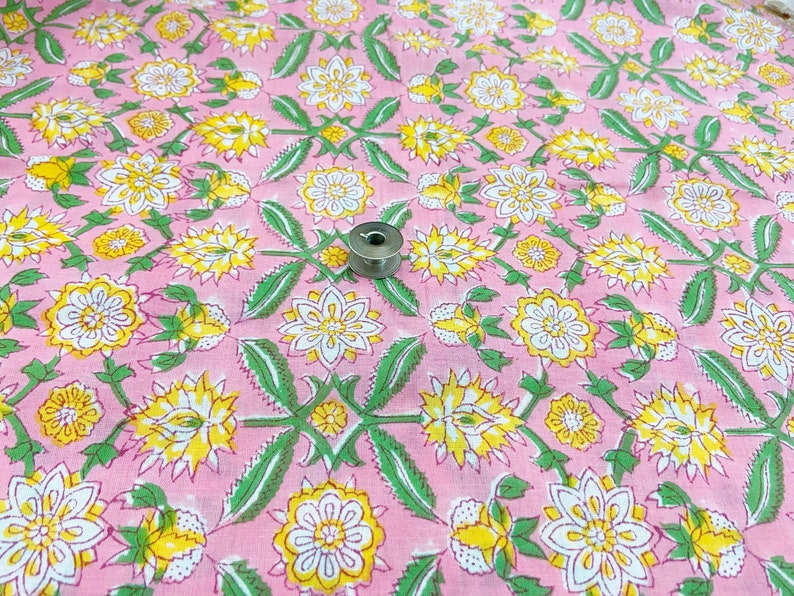 Pink Floral Print Indian Block Print Cotton Fabric, Sewing Quilting Crafting Fabric, 44 Inch Wide, Sold by Half Yard image 6