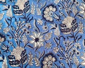 Blue Floral Hand Block Print Indian Cotton Fabric for  Sewing Quilting Crafting Fabric, 44 Inch Wide, Sold by Half Yard