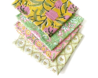 Floral Hand Block Print Fat Quarter Fabric Bundle,  Indian Fabric Bundle, Patchwork, Quilting, Crafting, Spring Bundle
