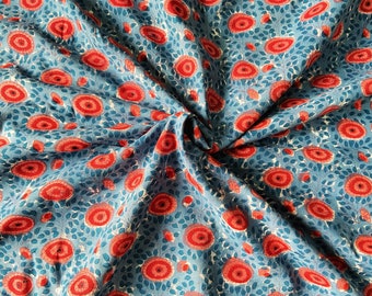 Red Indigo Floral Hand Block Print Indian Cotton Fabric for Dress Making, Sewing Quilting Crafting Fabric, 44 Inch Wide, Sold by Half Yard