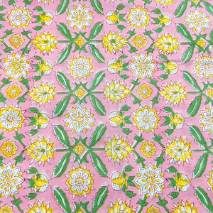 Pink Floral Print Indian Block Print Cotton Fabric, Sewing Quilting Crafting Fabric, 44 Inch Wide, Sold by Half Yard image 1