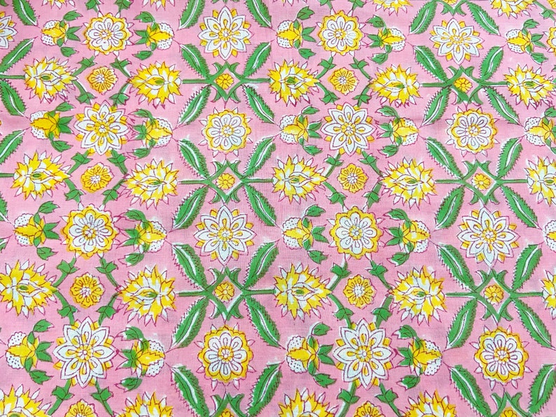 Pink Floral Print Indian Block Print Cotton Fabric, Sewing Quilting Crafting Fabric, 44 Inch Wide, Sold by Half Yard image 1