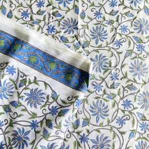 White Blue Floral Hand Block Print Cotton Fabric for Dress Making, Sewing Quilting Crafting Fabric, 44 Inch Wide, Sold by Half Yard