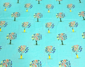 Mint Green Tree Print  Indian Cotton Fabrics Lightweight Mull Cotton, Sewing Quilting Crafting Fabric, Sold by Half Yard