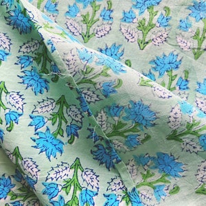 Green Medium Floral Hand Block Print Indian Cotton Fabric for Sewing Dressmaking Crafting Quilting  44 Inch Wide, Sold by Half Yard