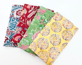 4 Pack Floral Fat Quarter Bundle, Block Print Cotton Fabrics for Patchwork, Quilting, Crafting