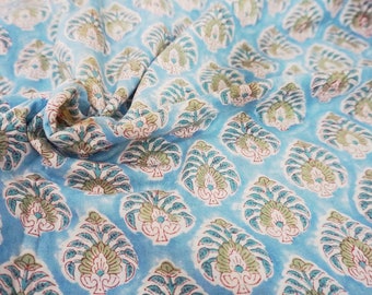 Blue Floral Hand Block Print Indian Cotton Fabric, Sewing Quilting Crafting Fabric, 44 Inch Wide, Sold by Half Yard