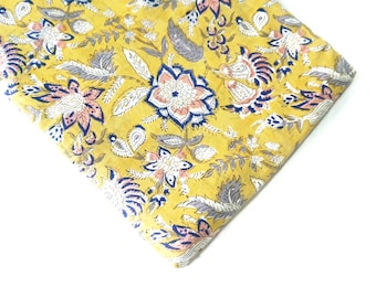 Yellow Floral Hand Block Print Cotton Fabric, Cotton Dress Materials, Lightweight Cotton,  44 Inch Wide, Sold by Half Yard
