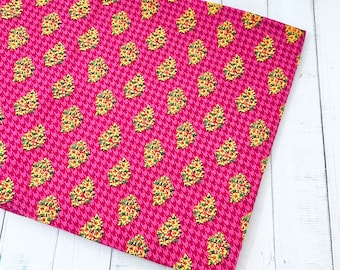 Fuchsia Pink Block Print Cotton Fabric, Yellow Paisley Floral, 44 Inch Wide, Sold by Half Yard