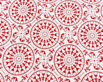 Red and White Warli Folk Art Print Cotton Fabric for Sewing Quilting Crafting Textile Arts, 44 Inches Wide, Sold by Half Yard