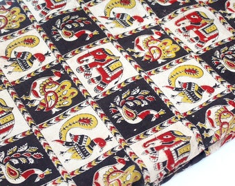 Elephant Fabric, Kalamkari Block Print Fabric, Indian fabric, Mud cloth, Peacock Print, 44 Inches Wide, Sold by Half Yard