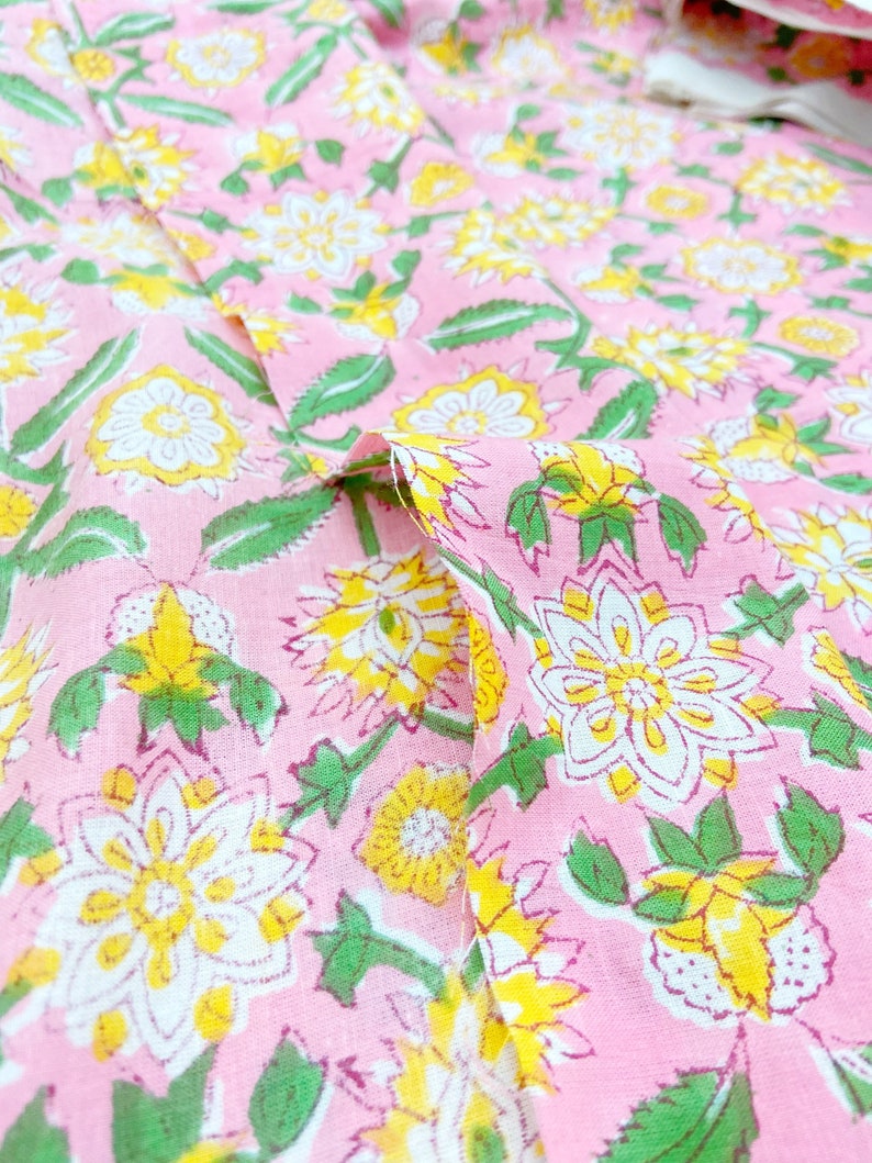 Pink Floral Print Indian Block Print Cotton Fabric, Sewing Quilting Crafting Fabric, 44 Inch Wide, Sold by Half Yard image 4