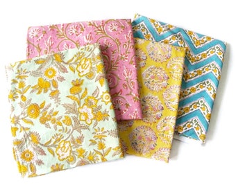 Floral Fat Quarter Fabric Bundle, Hand Block Print, Indian Fabric Bundle, Patchwork, Quilting, Crafting, Summer Bundle