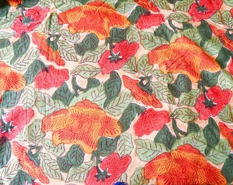 Multi Color Floral Hand Block Print Fabric, 100% Cotton, Lightweight, Big Flower Print, Medium Opacity, 44 Inches Wide, Sold by Half Yard